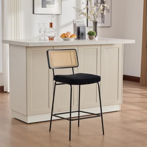 KOMHTOM Lot de 2 Tabourets de Bar en Chenille Noir Chaise Haute Cuisine de Style Moderne Dossier en Rotin Pieds Métal pour Comptoir Îlot (Chenille Noir-3)