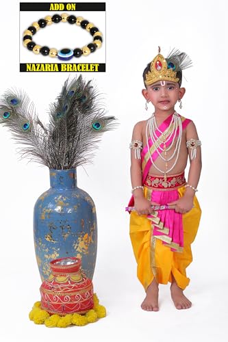 Image of Krishna Dress for Kids, Baby Krishna Dress for Janmashtami with Krishna Mukut, Peacock Feather & Flute Embroidered Krishna Costume for Girl & Boy, 3 Months-8 Years