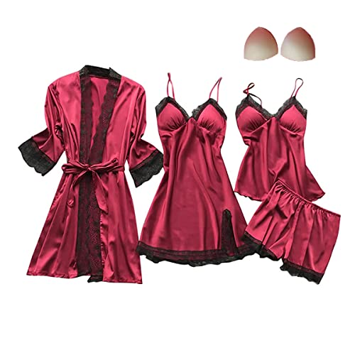 QraraZL Femme 4 pièces Satin Pyjama Ensemble Dentelle Kimono Robe Pyjama Ensemble Sexy Négligé et Short Chemise de Nuit Ensemble 4 pièces, avec Coussinets...
