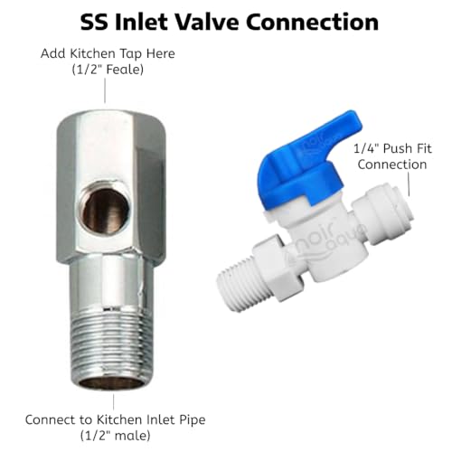 Image of Noir Aqua SS Inlet Diverter valve set with Coupling for All Domestic RO Water Purifiers, 1 /4 inch (6mm) Push Fit Connection, Teflon Tape with 1 /4 inch Pipe, (DV Set) (1 /4 inch Plastic Inlet Stainless Steel Valve)