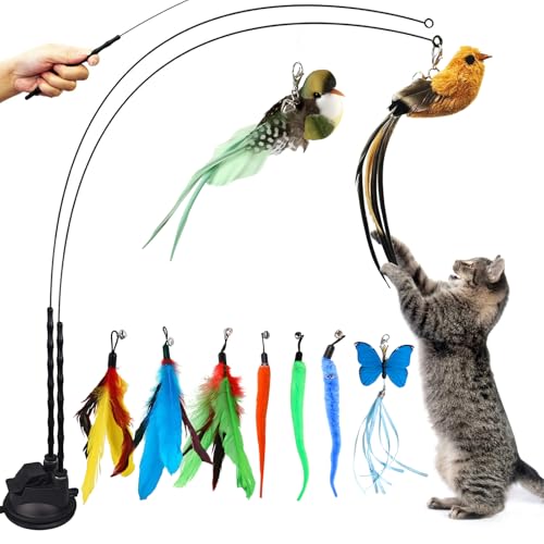 12 Pcs Interactive Cat Toys with Super Suction Cup,2 Cat Wand Stick Toy,9 Pcs Detachable Bird Feather Worm Butterfly Pet Teaser with Bell for Cats Kitty,Indoor Cat Kitten Feather Toys Kits