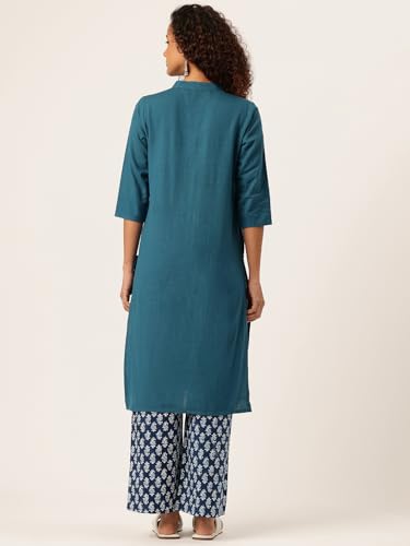 Image of feranoid Women's Plain Cotton Kurta with Mandarin Collar, 3 /4 Sleeves & Pocket