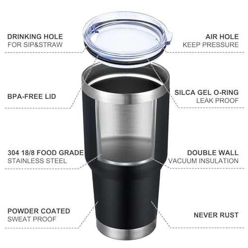 Image of MEWAY 30oz Insulated Tumbler With Lids and Straws,Stainless Steel Double Vacuum Coffee Tumbler Cup, Brush, Durable Powder Coated Coffee Cup for Cold & Hot Drinks, Office, Travel(Black,4 PACK)