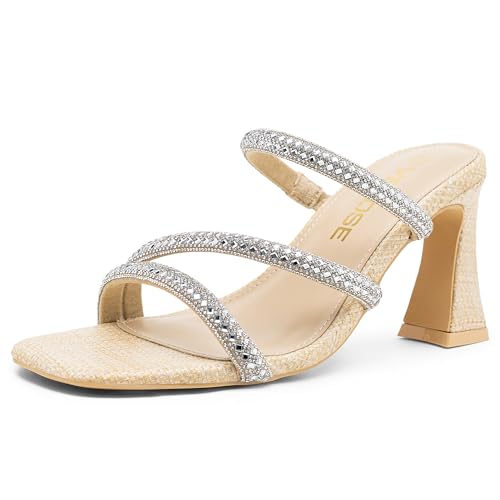 Vepose Women's Rhinestone Strappy Heeled Sandals, 3.5 Inch Chunky Block Flared Heels, Slip On Square Open Toe - Comfortable Prom Wedding Guest Dressy Shoes 6125 6 Nude