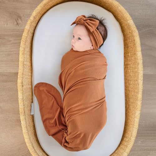 Image of GRSSDER Newborn Swaddle Blanket, Ultra Soft Jersey Receiving Blanket with Matching Headband and Beanie Set, Stretchy Baby Swaddle 47x47 inch, Extra Large Nursery Swaddles Wrap for Girls and Boys