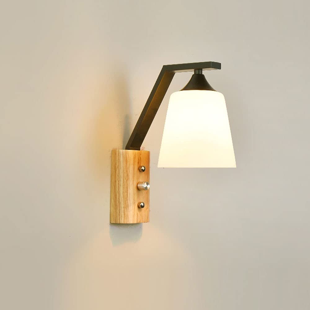 Drewniana i szklana lampa ścienna z czarnym metalowym geometrycznym abażurem, salon, restauracja, sypialnia, lampka nocna, czytanie, kinkiet ścienny, oświetlenie wewnętrzne E27, światło