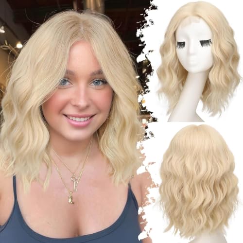 Image of Eawwii Wigs for Women Blonde,Short Wavy Synthetic Lace Wig