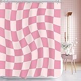 Omifly 60 70s Geometric Shower Curtain 60Wx72H Inch Pink and White Abstract Vintage Plaid Groovy Mod