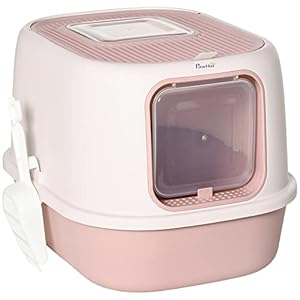 Pawhut Caja de Arena para Gatos Arenero Cerrado para Gatos con Entrada Delantera Salida Superior Bandeja Extraíble y Pala 40×53,5×37,5 cm Rosa