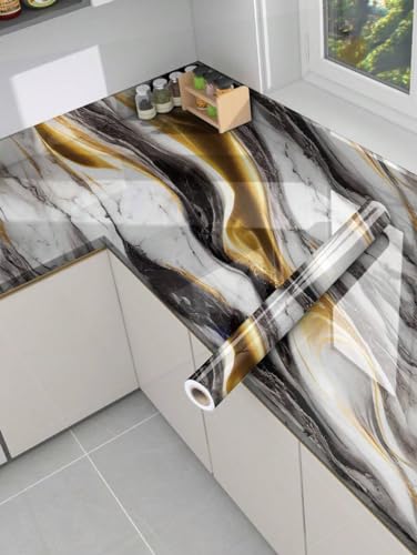 Image of KBR Self-Adhesive PVC 3D Wall Sticker Oil Proof and Waterproof, Kitchen Backsplash Black Gold Stickers Wallpaper for Hotel, Living Room, Bedroom & Cafe Walls (60cm x 200cm, Pack of 2)