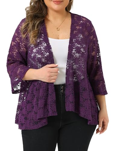 Image of Agnes Orinda Women Plus Size Open Front Lace Cardigans | 3 /4 Bell Sleeve Sheer Formal Bolero Shrugs Lightweight Floral Crochet Cover Up
