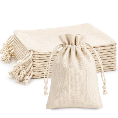 Cotton Drawstring Bags 7x10 cm, 50 Pack Muslin Favor Bags, Small Gift Bags for Jewelry, Coins, Potpourri, Wedding Favors, Halloween Candy, Crafts, Party Supplies & Storage