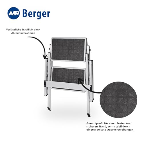 BERGER Trittleiter 2 Stufen klappbar | zusammenklappbar mit Rutschfester Gummimatte | Trittstufe Wohnwagen Tritt 2 Stufen | Tritthocker bis 150 kg belastbar (Aluminium)