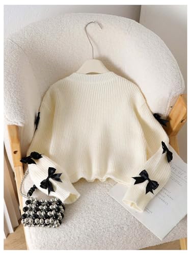 SHENHE Girl's Bow Sweater Crew Neck Long Sleeve Chunky Knit Cropped Sweater Pullover2