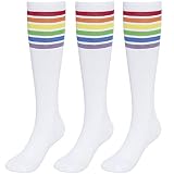 KONY Women's 3 Pairs Cotton Colorful Striped Rainbow Knee High Socks Comfortable Stay Up Best Gift S