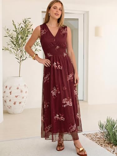 Image of ANRABESS Women's Floral Tulle Wedding Guest Maxi Dress | V Neck Sleeveless,A-Line Elastic Waist,Casual Flowy Formal Boho,Bridal Shower Garden Party Beach Vacation,Summer Fall