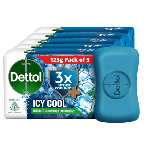 Dettol Icy Cool Bathing Soap Bar With 3x intense cooling (625gm), 125gm - Pack of 5