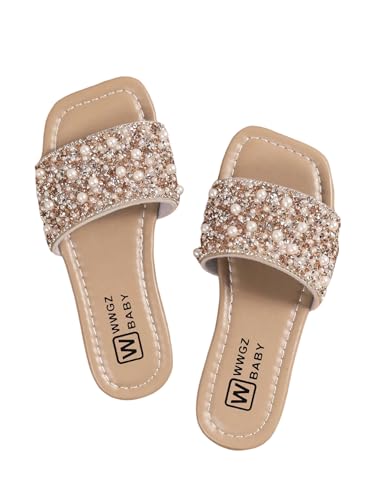 GORGLITTER Girl's Glitter Sequin Pearl Flat Sandals Kids Open Toe Dressy Slides Cute Princess Shoes