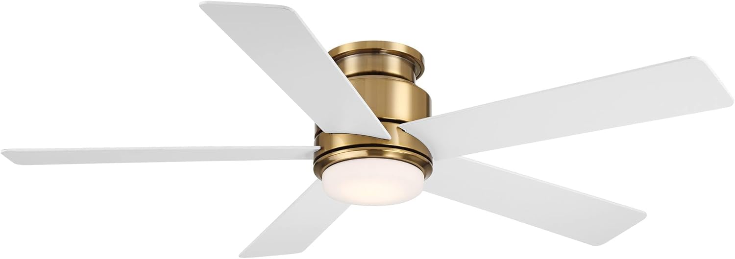 Casa Vieja 52" Grand Palm Modern Indoor Outdoor Ceiling Fan 5 Blade LED Light Remote Control Soft Brass Finish White Wood Blades Bedroom Patio Living Room Kitchen Porch Hugger Damp Rated Flush Mount