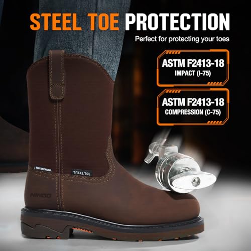 NINGO Men's Steel Toe Work Boots, Waterproof Wellington Boots with Full Grain Leather, Pull-On Design Non Slip Work Shoes, EH Protection for Industrial, Agriculture3