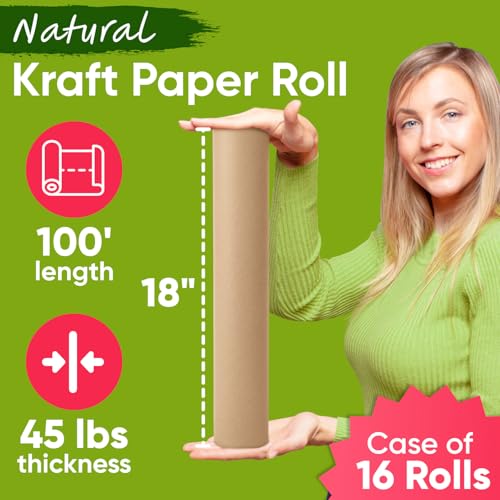 Image of 18 inch x 1200 inch (100 ft) Brown Craft Paper Roll (Case of 16 Rolls), 45 lbs Thickness, Made in USA Kraft Paper for School, Art Colored Paper, Gift Wrapping, Packing Paper for Moving
