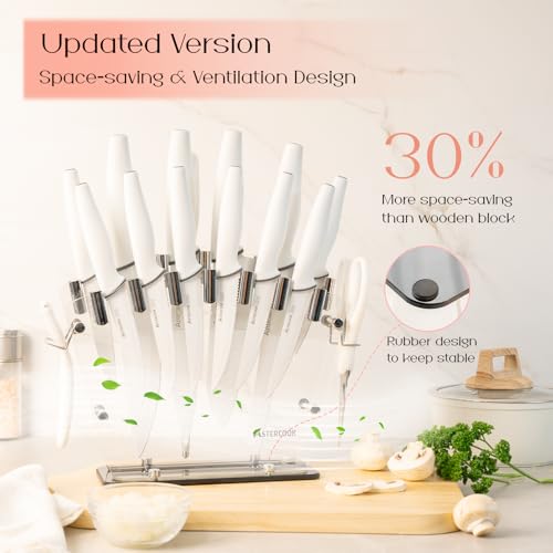 Image of Astercook Knife Set with Clear Block and Sharpener 22Pcs White | Dishwasher Safe, Space-Saving Clear Knife Block, for Everyday Home Cooking