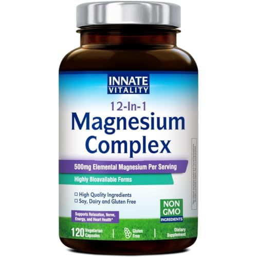 Image of Innate Vitality 12-in-1 Magnesium Complex, 500 mg Elemental Mag, with Magnesium Glycinate Malate Taurate Aspartate & More, Non-GMO, for Nerves, Sleep, Heart, Energy, 120 Veg Caps