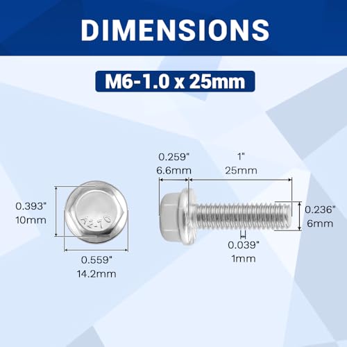 Image of M6-1.0 x 25mm Serrated Flange Hex Bolts + Flange Nut + Flat Washer + Lock Washer Combo Pack, 304 Stainless Steel 18-8, for Automotive & Machinery, 20 Sets