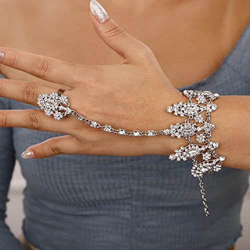 Denifery Silver Rhinestones Finger Ring Bracelet Hand Chain Bracelets with Ring Hand Harness Slave Bracelets Boho Bangle Bracelets Hand for Women3