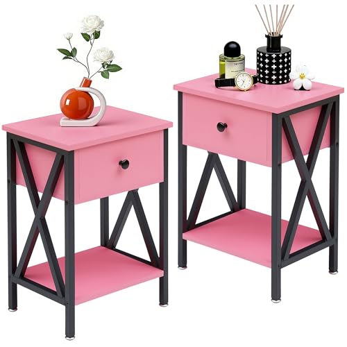Image of VECELO Nightstands, Modern Bedside End Tables Set of 2, Night Stand with Drawer and Storage Shelf for Living Room Bedroom, Industrial Metal Frame