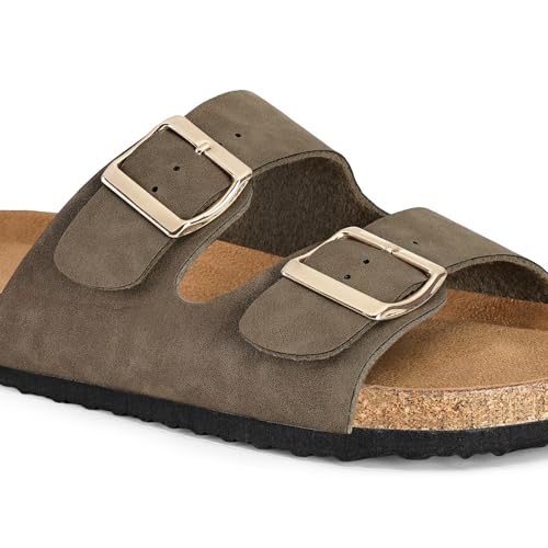 Image of mysoft Womens Flat Sandals Cork Footbed Slides with 2 Straps | Adjustable Buckle Slip On Comfortable Casual Light Weight Summer sandals