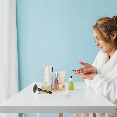 Image of BBK Bathroom Vanity Tray- 2 Pack (7.8 inch and 11.8 inch) Silicone Bathroom Tray for Counter, Perfume Key Trinket Ring Tray, Decor Soap Dispenser Countertop Tray for Kitchen Sink Organization (White)