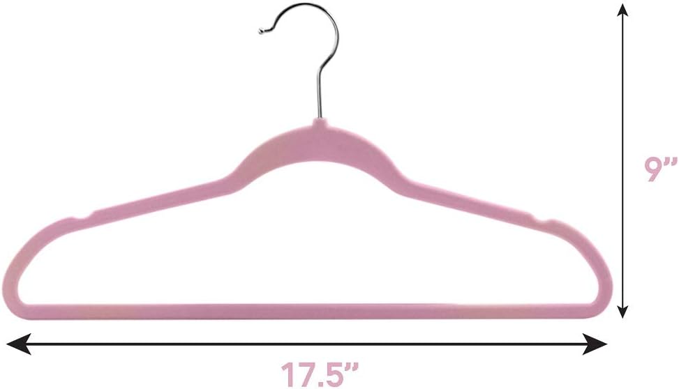 Elama 100 Piece Set of Velvet Slim Profile Heavy Duty Felt Hangers with Stainless Steel Swivel Hooks in Pink
