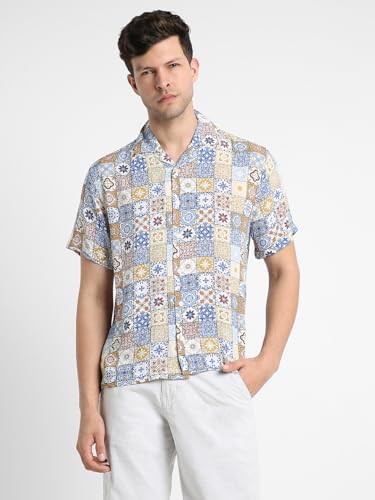 Image of Dennis Lingo Men's Rayon White Printed Relaxed Fit Cuban Collar Half Sleeve Casual Shirt