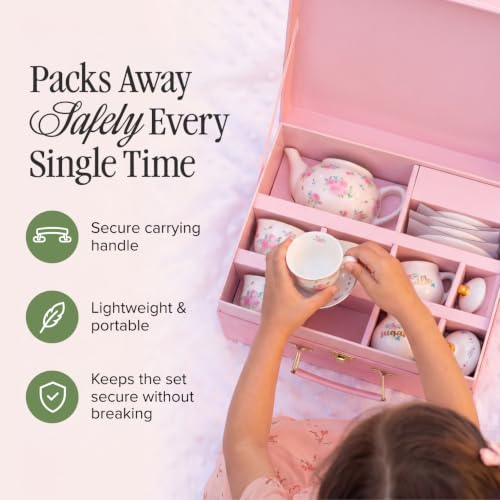 Image of Giggle & Honey White Floral Tea Party Set for Little Girls, Porcelain Kids Tea Set with Carry Case, Teapot Cups & Saucers, Princess Tea Time Birthday Gift for Girls Ages 3, 4, 5, 6, 7, 8