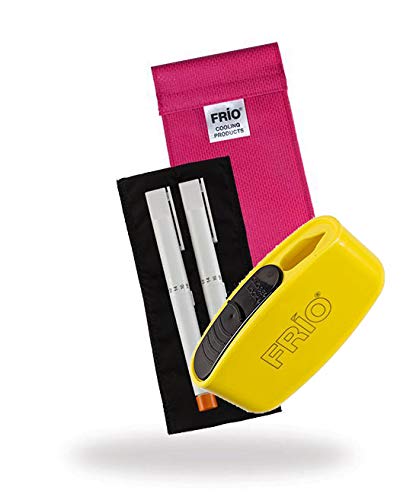Frio Duo Pink with a Travel Sharps Bin. Perfect for travel or everyday use, the pocket sharps bin will hold up to 25 needles allowing safe storage whilst you are out and about