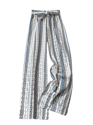 WDIRARA Women's Geometric Print Belted Wide Leg Pants Vacation Elastic