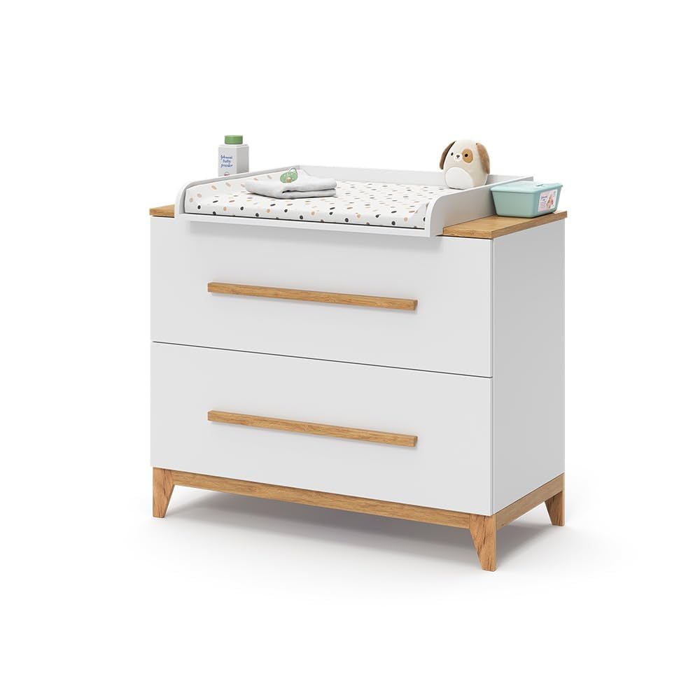 Commode à Langer VitaliSpa Malia - Blanc Et Chêne 108x98cm - 2 Tiroirs De Rangement - Évolutive En Commode Bébé
