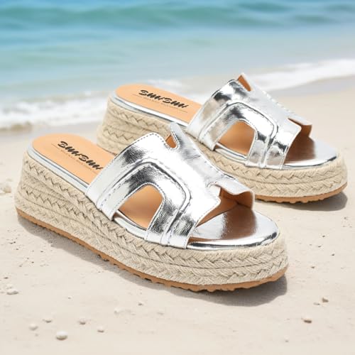 Espadrilles Wedges for Women Platform Raffia sandals Beach Slip On Shoes Summer Open toe heels Leather uppers Slides Mules for Dressy4