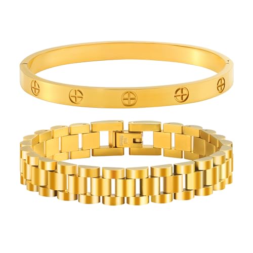 2Pcs 18K Gold Plated Stackable Love Bangle Bracelets for Women,Gold Chain Link Watch Bracelet Set,Non-Tarnish Stainless Steel Jewelry with Adjustable Tool.
