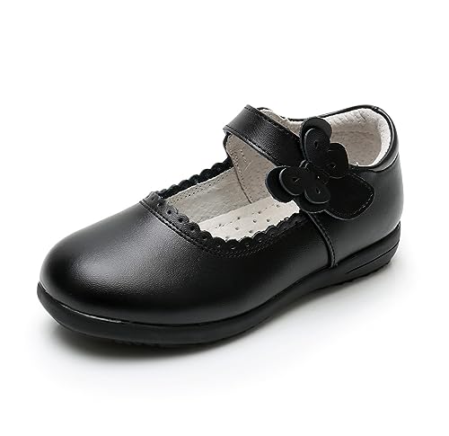 Girls Genuine Leather School Uniform Dress Shoes Bow Black Mary Jane Flats for Toddler/Little Kid/Big Kid
