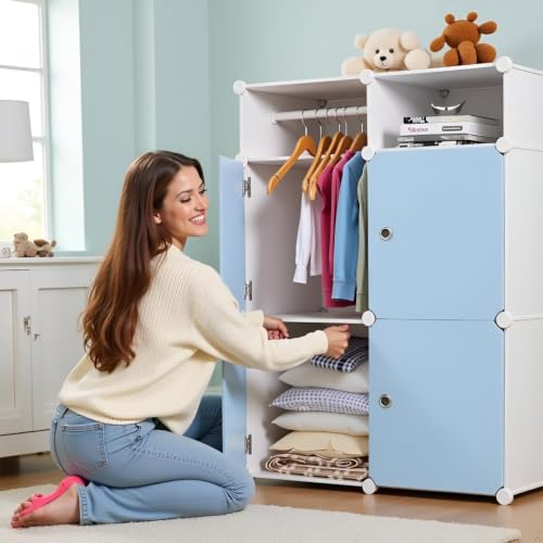 Image of EXVITO 4 Door Kids Plastic Wardrobe for Clothes, Foldable Plastic Almirah for Clothes, Collapsible Wardrobe for Storage, Baby Cupboard for Clothes, Storage Rack for Kids - Blue