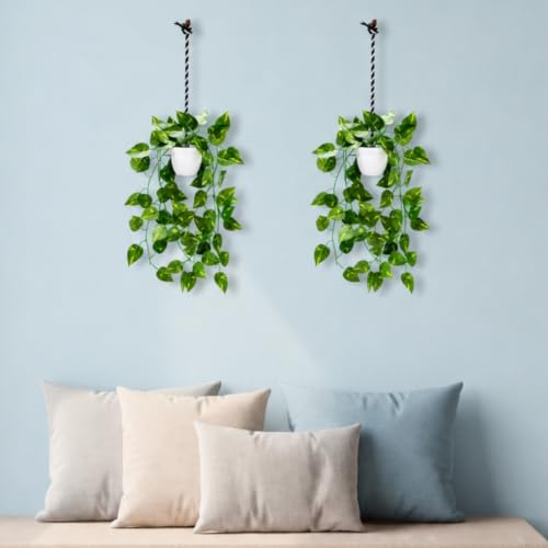 Image of fancymart Artificial Hanging Ivy Plant with White Hanging Pot & Rope, Pack of 2, Realistic Green Leaf Creeper for Home, Office, Living Room & Wall Decor, 60 cm Height