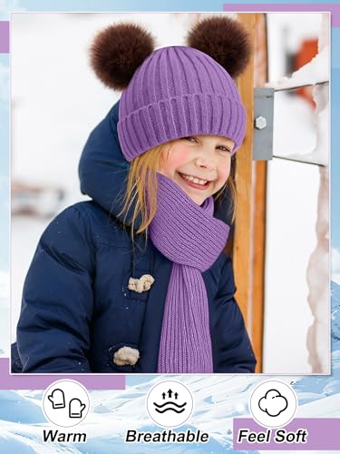 Image of JaGely 2 Sets Kids Winter Hat Gloves Scarf Set Girls and Boys Knit Hat with Pom Warm Scarf Snow Gloves for 3-10 Years Toddler