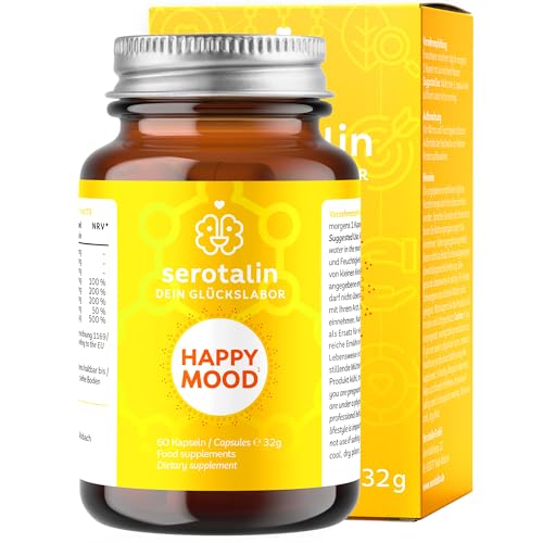 serotalin Happy Mood Serotonin Capsules - St John's Wort + Griffonia & L-Tryptophan | Mood Booster Tablets with Vitamin D, B1,B2, Niacin & Manganese - Without Caffeine | 100% Vegan I 60 Capsules