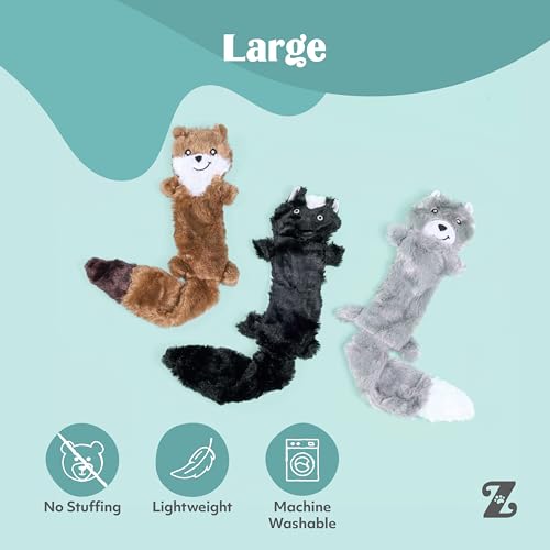 Image of ZippyPaws Skinny Peltz - No Stuffing Dog Toy Pack to Keep Them Busy, for Medium and Large Dogs, Squeaky Pet Toys, Unstuffed Chew Toys, Soft Plush Variety Pack, Weasel, Skunk, and Wolf - 18 inch