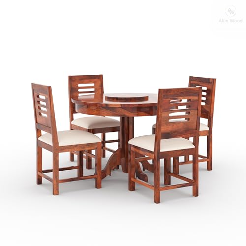Image of Solid Sheesham Wood Round Dining Table Set 4 Seater | Four Seater Dining Table 4 Seater with 4 Modern Chairs for Living Room | 4 Seater Dining Set for Hotel Restaurant (Honey, 4 Seater)