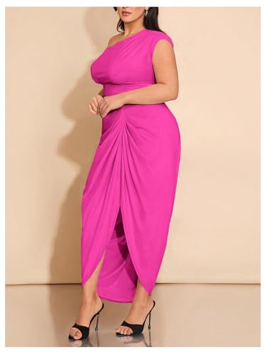 Image of Floerns Women's Plus Size Asymmetrical Neck Long Dress Ruched Slit Hem Cocktail Dress