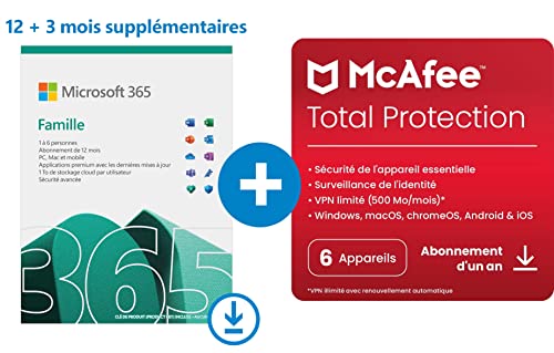 Microsoft 365 Famille | Office 365 apps | jusqu’à 6 utilisateurs | 15 Mois + McAfee Total Protection | PC/MAC, tablette et smartphone | Téléchargement