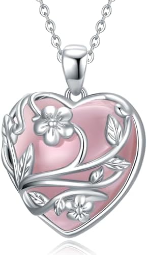 Sterling Silver Rose Quartz Heart Necklace Flower Pendant Gift fo...
